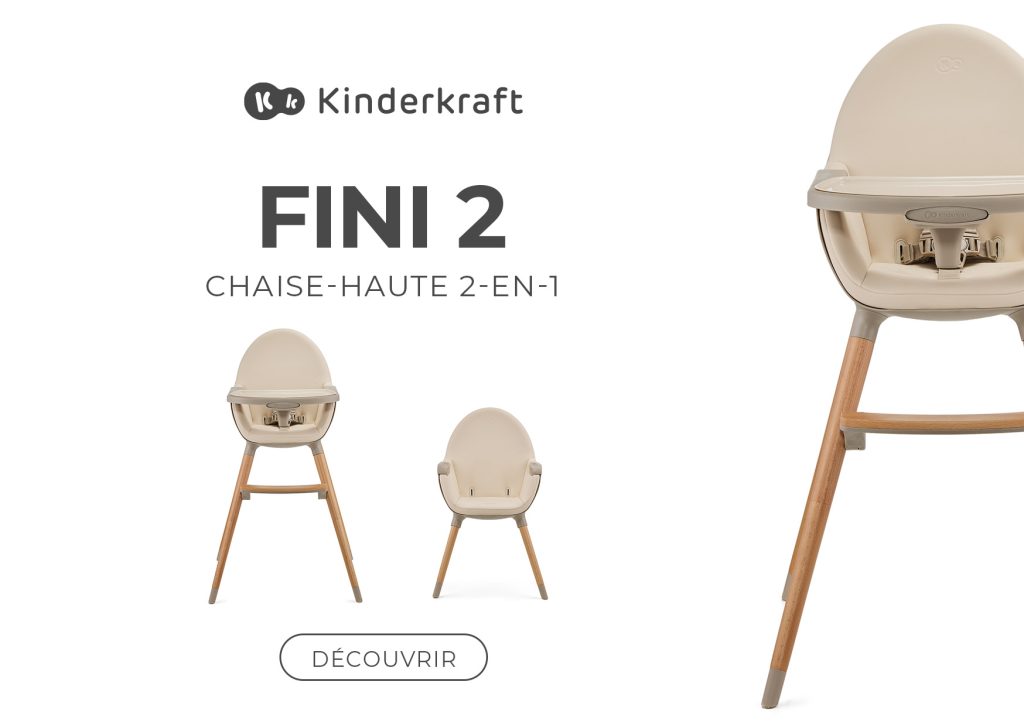 Cette chaise haute en bois Kinderkraft FINI 2 est évolutive et devient un fauteuil bébé.