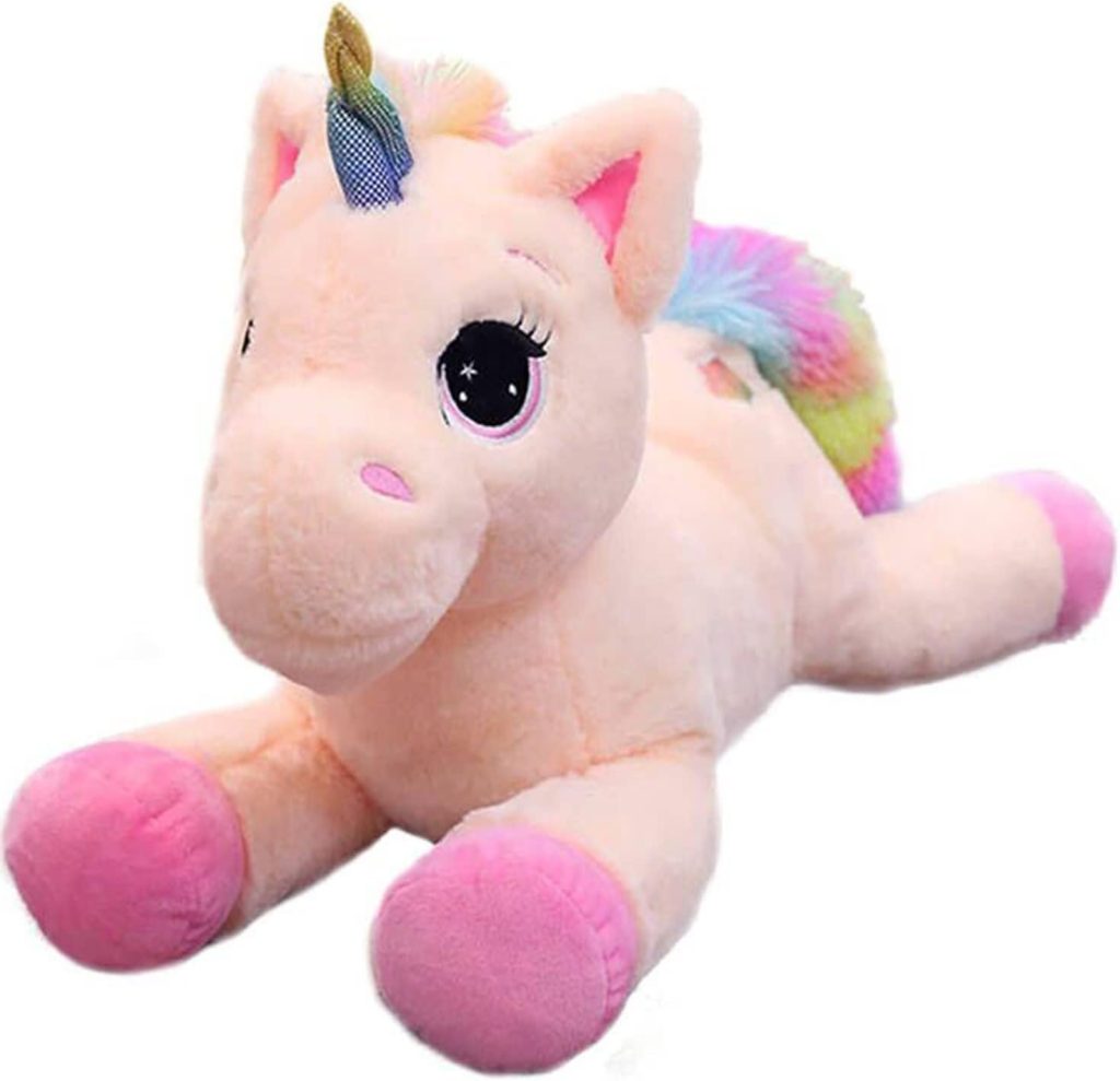 Cette peluche licorne rose Georgie Porgy a une queue multicolore.