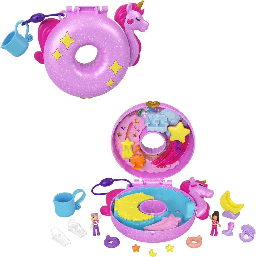 Le coffret bouée licorne Polly Pocket est de forme ronde.