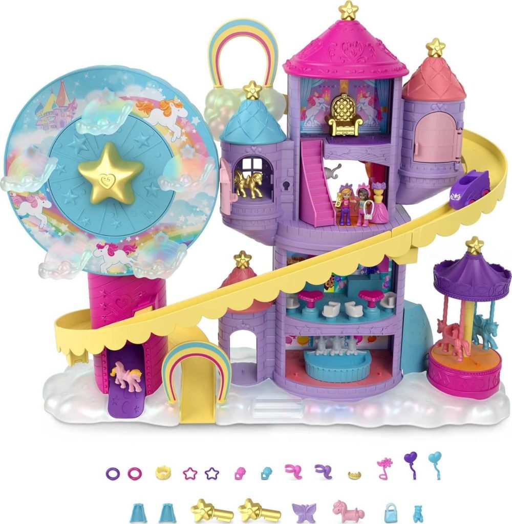 Le coffret Polly Pocket Polyville représente un parc d'attractions avec des licornes.